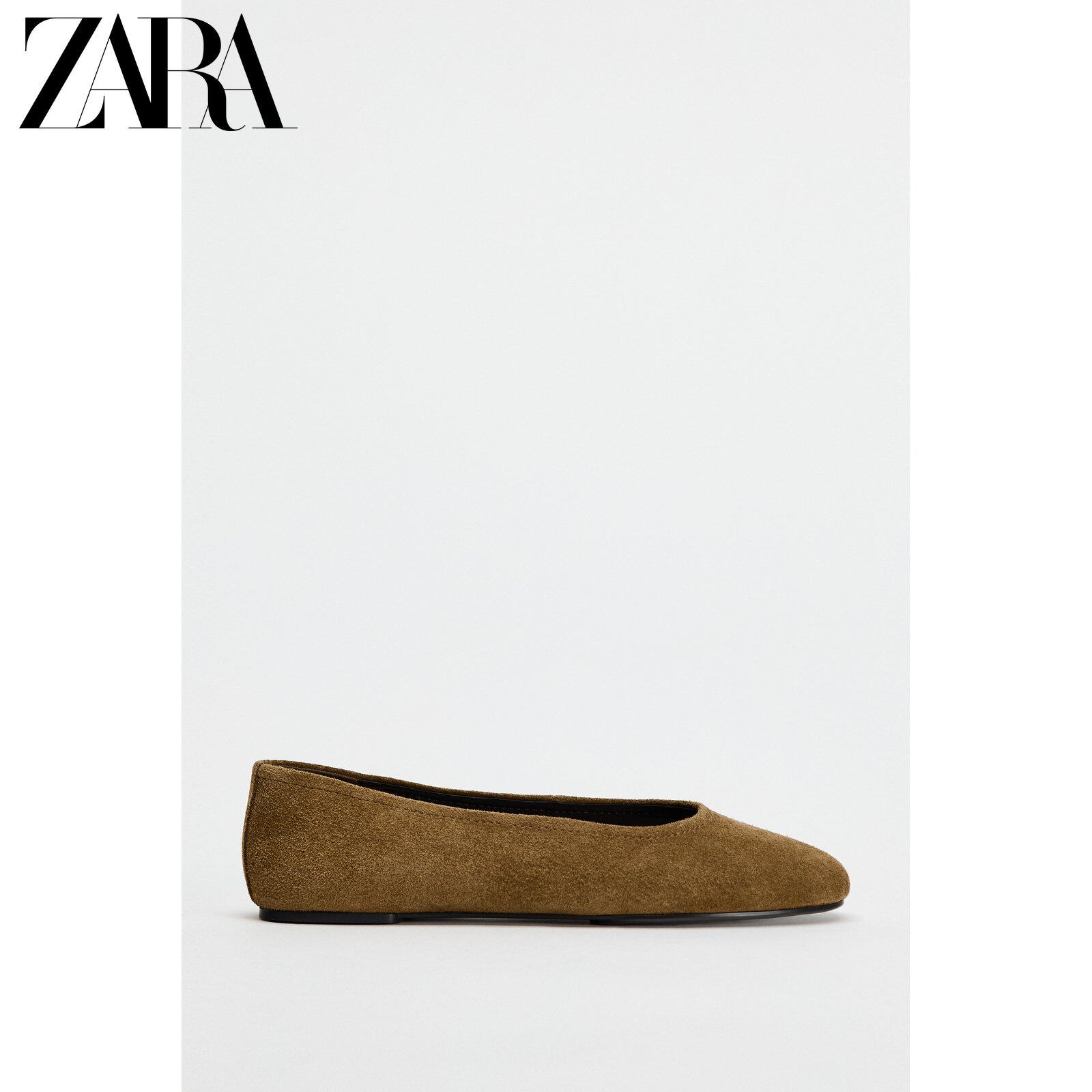 ZARA 할인 시즌 여성 신발 브라운 스웨이드 가죽 라운드 발가락 얕은 입 발레 스타일 플랫 2535410
