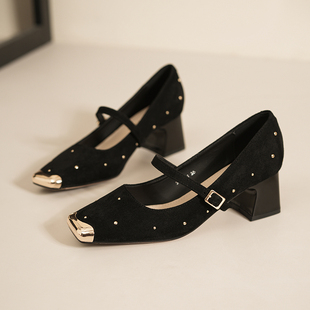 法式黑色百搭绒面方头一字带单鞋女2026新款粗跟5CM玛丽珍高跟鞋