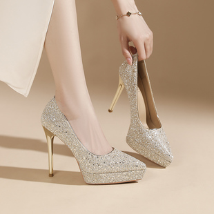 防水台超高跟鞋女12CM法式金色新娘婚鞋水晶亮片尖头性感细跟单鞋