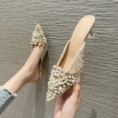 细跟懒人穆勒凉拖鞋 外穿尖头水钻珍珠高跟鞋 女2026新款 包头半拖鞋