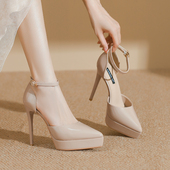 包头凉鞋 防水台裸色高跟鞋 女2026新款 漆皮性感细跟一字带中空单鞋