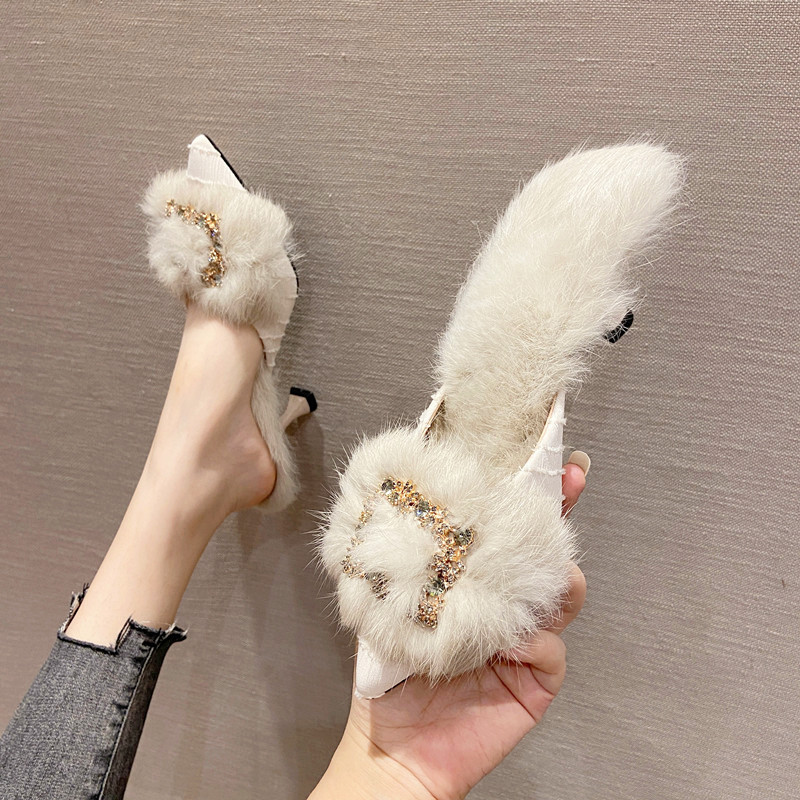 白色毛毛拖鞋女外穿2025年新款法式气质高跟鞋细跟百搭包头半拖鞋