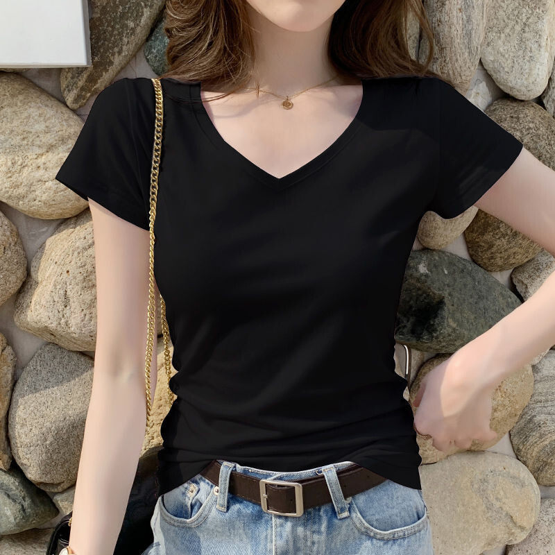 批发修身短袖t恤女v领黑色上衣衬衫