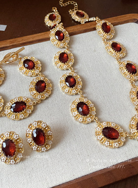 vintage中古滴油花朵椭圆镶钻项链宫廷风复古时尚锁骨链轻奢耳饰