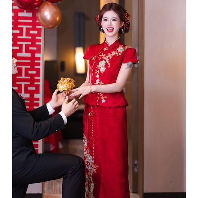 红色新中式旗袍两件套订婚敬酒