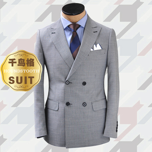 商务通勤西服外套 版 ZBTO男装 英伦黑白千鸟格纹羊毛精纺双排扣修身
