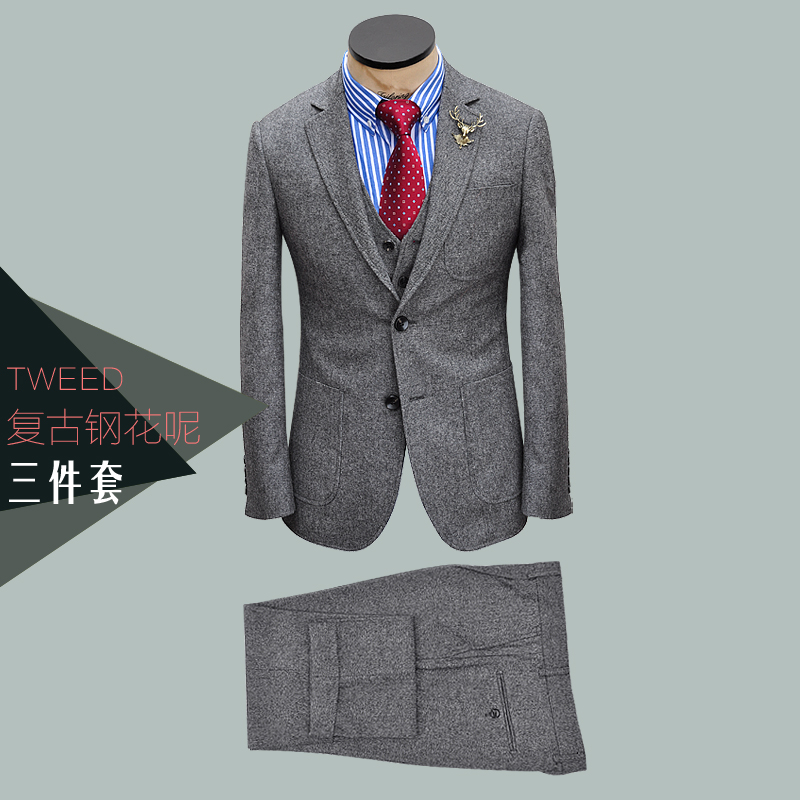 zbto深炭花灰色英伦tweed男羊毛