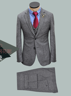 ZBTO深炭花灰色英伦复古Tweed羊毛粗花呢修身休闲男西装三件套装