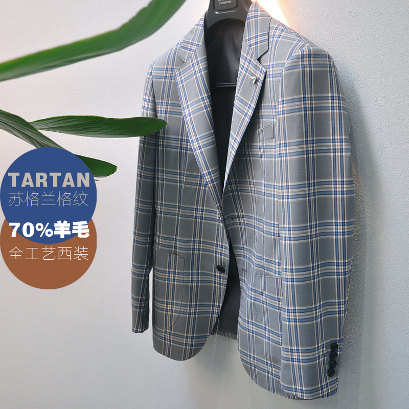 ZBTO苏格兰格纹浅灰色蓝格子70%羊毛单排扣修身男休闲单西装外套