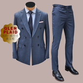 ZBTO深蓝色雾霾蓝英伦复古威尔士亲王格双排扣修身 男商务西服套装