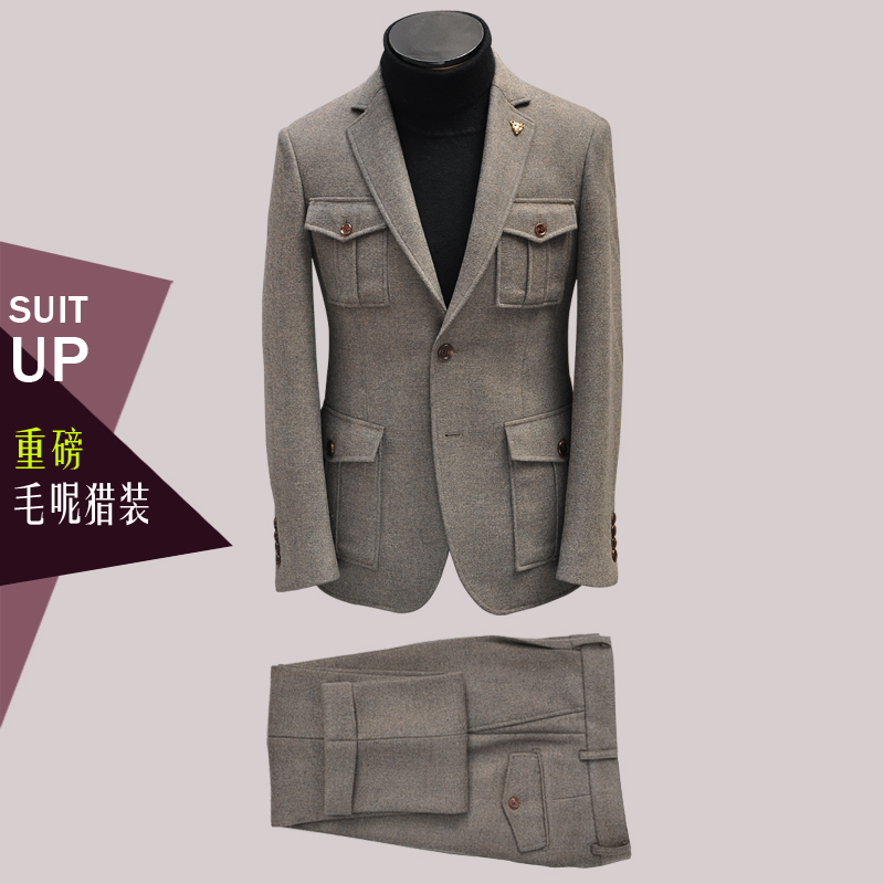 zbto猎装驼色人字纹粗花呢男西服