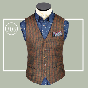 原创设计英式复古骑行咖啡色羊毛粗花呢修身男 西装马甲TWEED背心
