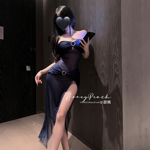 HP：性感气质高级感若隐若现漏肩高开叉网纱透视连身裙约会制服女