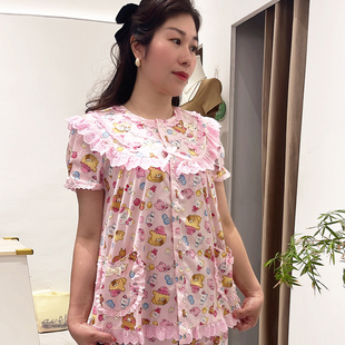 欣琦丝纯棉睡衣女夏天薄款 短袖 卡通印花甜美蕾丝边短裤 家居服套装