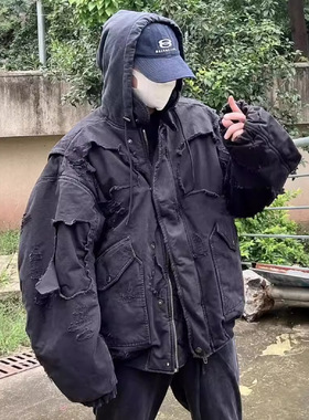 VIBE ACW自主巴黎风格黑色重工破坏水洗做旧拉链连帽棉服外套夹克