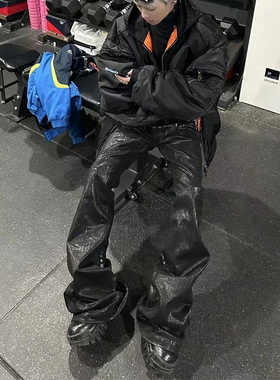 VIBE ACW小众暗黑刷蜡涂层纯黑色高弹飘带牛仔裤阔腿微喇叭裤子男