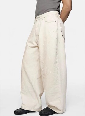 AC风格脏脏泥染泼墨Baggy牛仔裤男复古做旧白色宽松阔腿休闲长裤