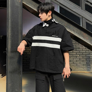 GRAILZ CRAZY小众潮牌脏染做旧短袖POLO衫高街宽松美式休闲T恤男