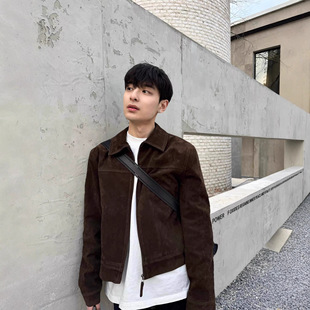VIBE ACW巴恩风深咖仿牛反绒复古翻领麂皮绒正肩合身男款夹克外套