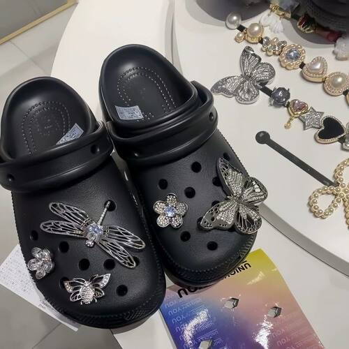 白鹿同款洞洞鞋配饰蜻蜓蝴蝶diy鞋扣金属银色花园高级感可爱鞋花
