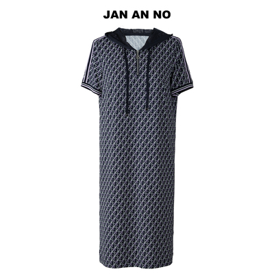 JAN AN NO 简爱诺休闲百搭中长款连帽藏蓝色连衣裙夏J2520014LQ