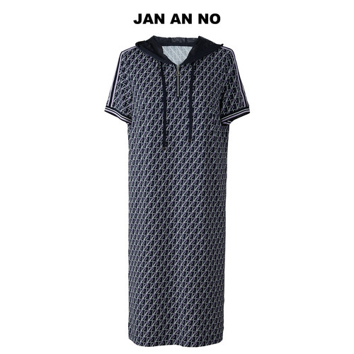 JAN AN NO 简爱诺休闲百搭中长款连帽藏蓝色连衣裙夏J2520014LQ