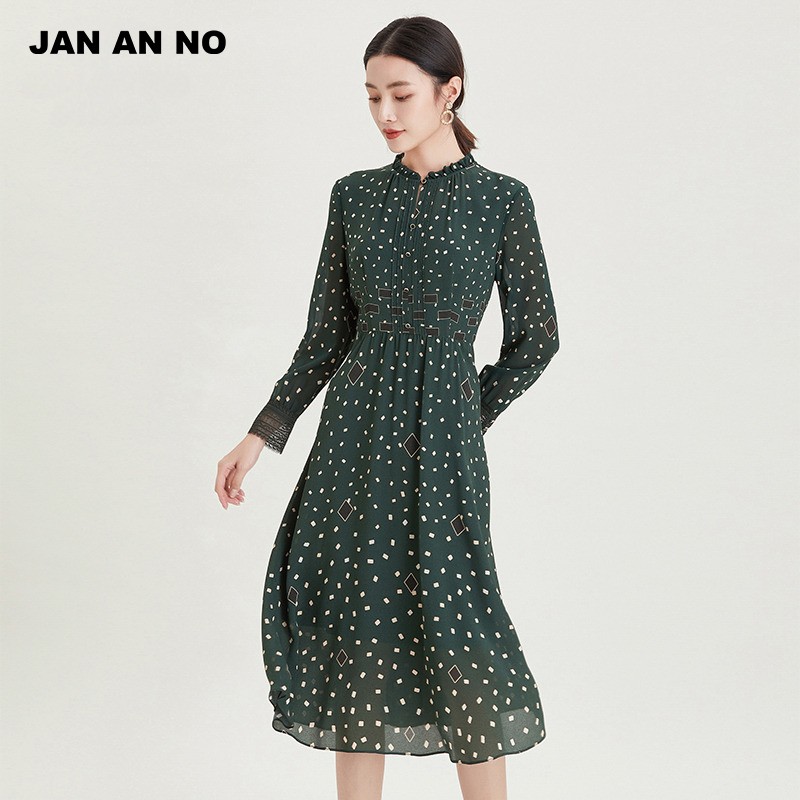 简爱诺商场专柜新品真丝长袖印花气质显瘦连衣裙女士春J2110088LQ