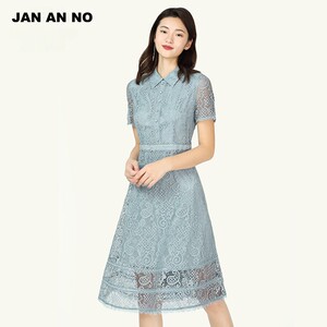 JAN AN NO简爱诺夏季浅蓝色收腰散摆气质短袖蕾丝连衣裙J910181LQ