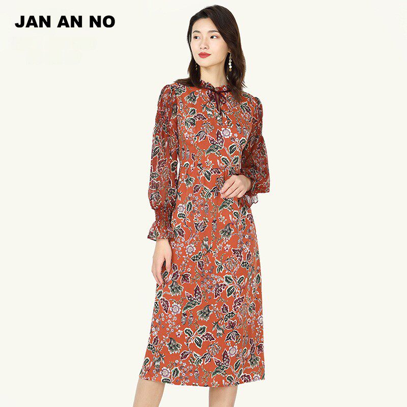 JAN AN NO简爱诺春秋款优雅复古风高腰气质碎花连衣裙J820042LQ