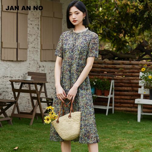 JAN AN NO 简爱诺优雅气质碎花短袖连衣裙女士夏季新款J2410213LQ