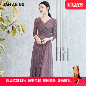 JAN AN NO 简爱诺法式优雅气质收腰V领专柜连衣裙女夏J2210046LQ
