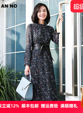 JANANNO简爱诺春秋深海蓝印花立体压褶领收腰气质连衣裙J920059LQ