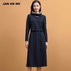 简爱诺春秋女士藏蓝色拼接裙子绵羊毛双层领气质连衣裙J2170019LQ