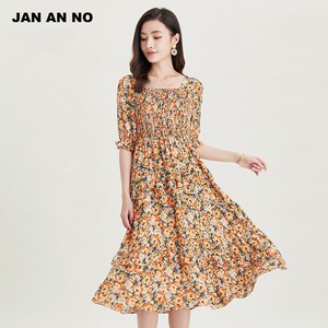 JAN AN NO简爱诺商场专柜中长款中袖碎花显瘦连衣裙女J2110234LQ