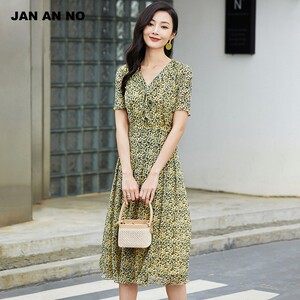 JANANNO简爱诺专柜夏季新品V领收腰显瘦气质短袖连衣裙J2210151LQ