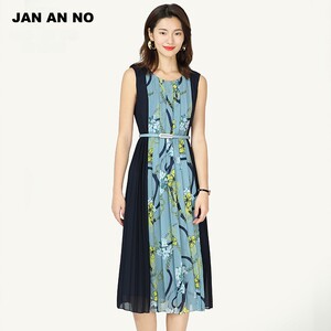 JAN AN NO简爱诺春夏花色新款无袖拼接长款收腰连衣裙J2010045LQ