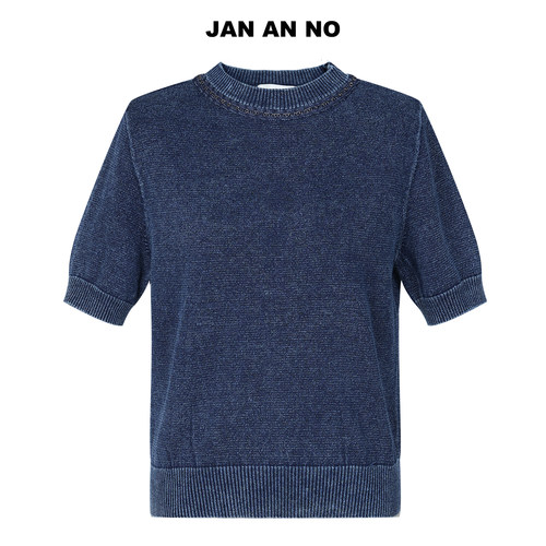 JAN AN NO简爱诺蓝色短袖圆领针织衫女士春季新品毛衫J2570098ZS