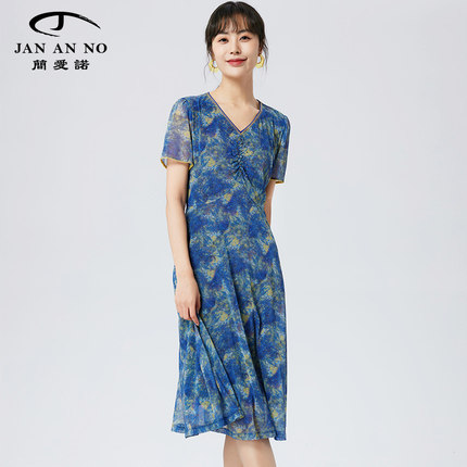 简爱诺专柜夏季新品弹力舒适收腰显瘦气质V领连衣裙J2310070LQ