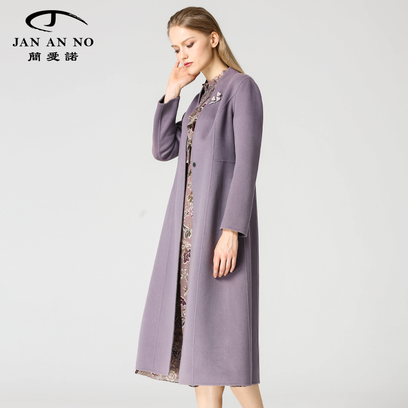 冬季烟紫色长款双面呢羊毛大衣
