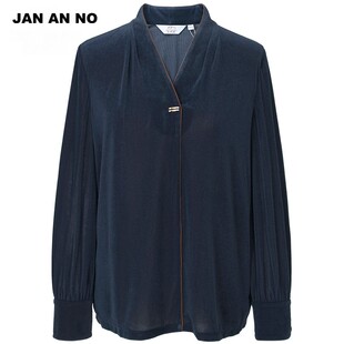 JAN NO简爱诺春季 新款 蓝色高弹舒适透气气质V领上衣J2260014SY