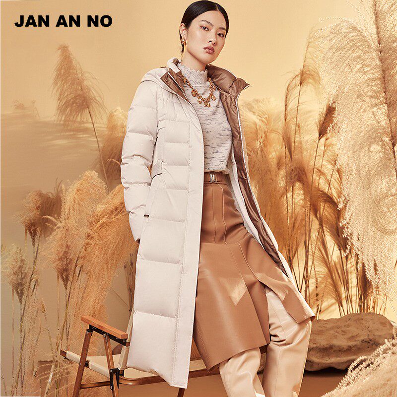 JAN AN NO简爱诺专柜女士连帽过膝修身白鹅绒羽绒服冬J2160153YR
