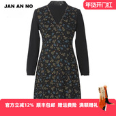 简爱诺复古半高领拼接绵羊毛长袖 JAN 连衣裙冬季 J2170139LQ