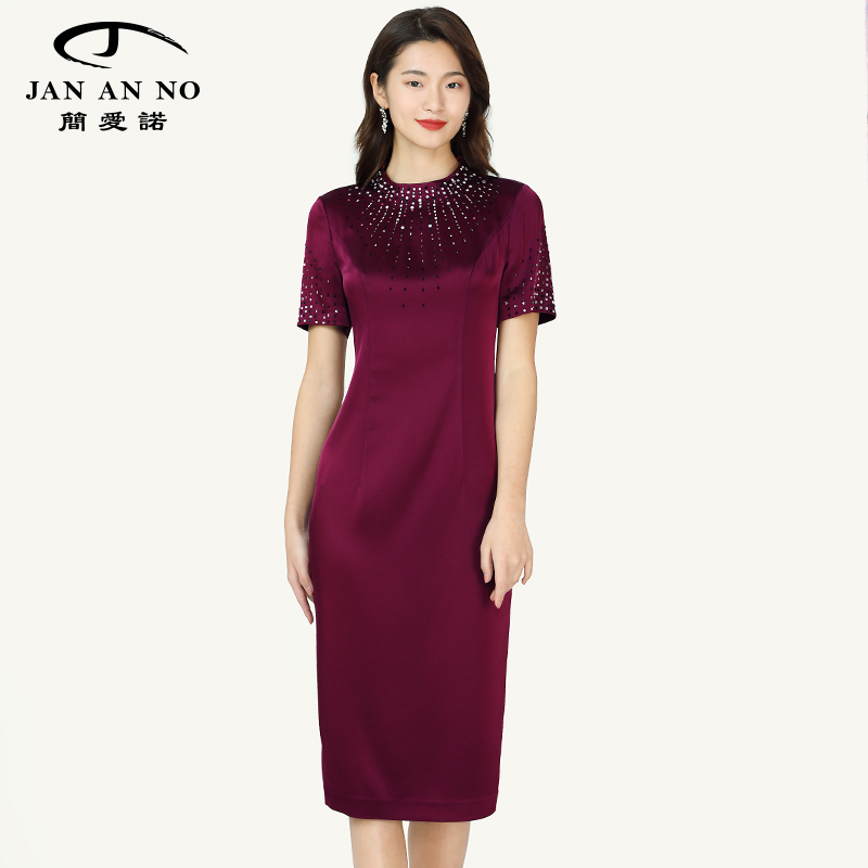 简爱诺红色烫钻气质短袖礼服长裙