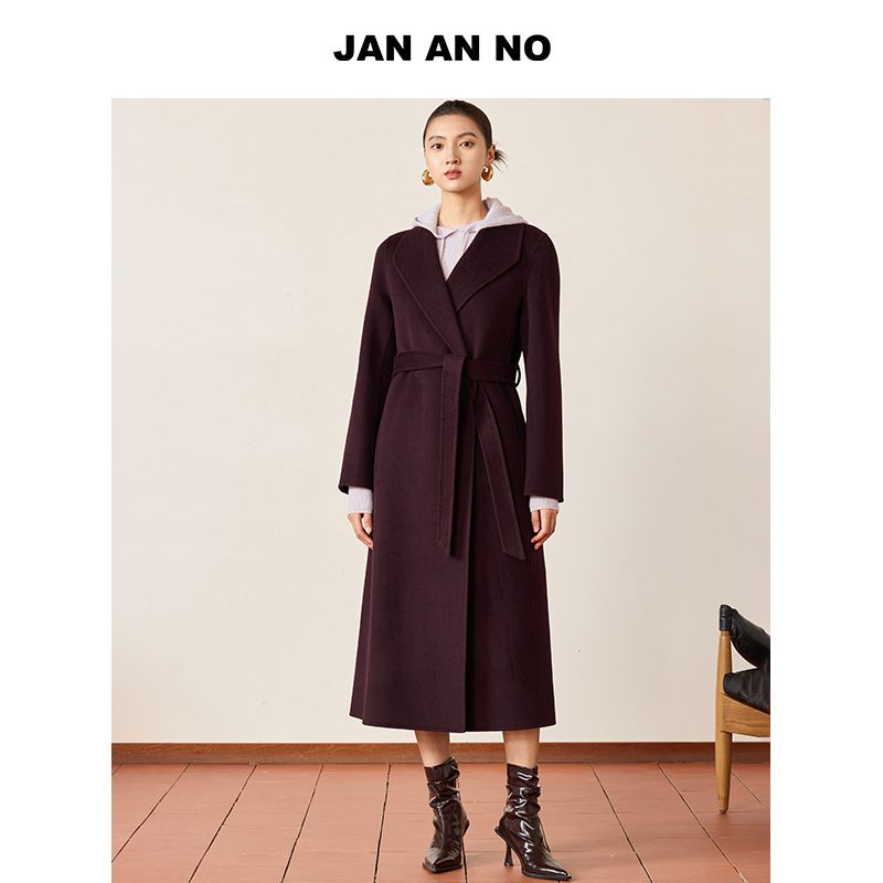 简爱诺深紫色中长款毛呢大衣