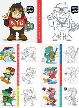 A1092矢量AI设计素材 卡通动物填色线稿T恤印花嘻哈猩猩鲨鱼恐龙