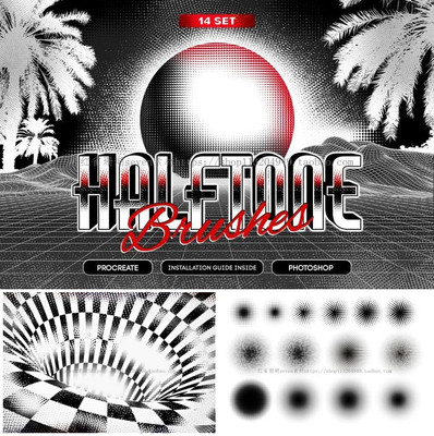 P0545高清PS设计素材 半色调漫画Halftone笔刷插件+Procreate画笔