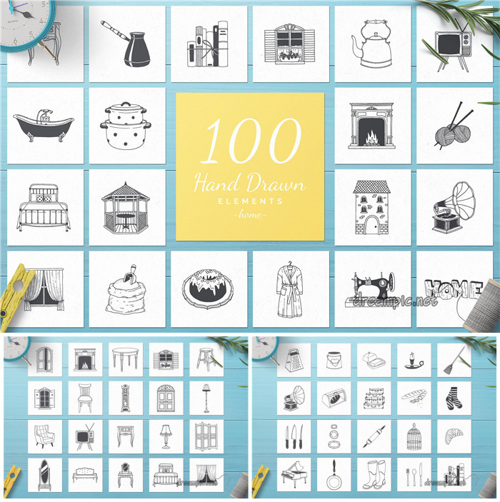 A0051矢量AI设计素材100个手绘家庭家具家居物品线稿插画+png+psd