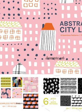 A0884矢量AI设计素材 抽象卡通房屋线条四方连续印花背景含PNG
