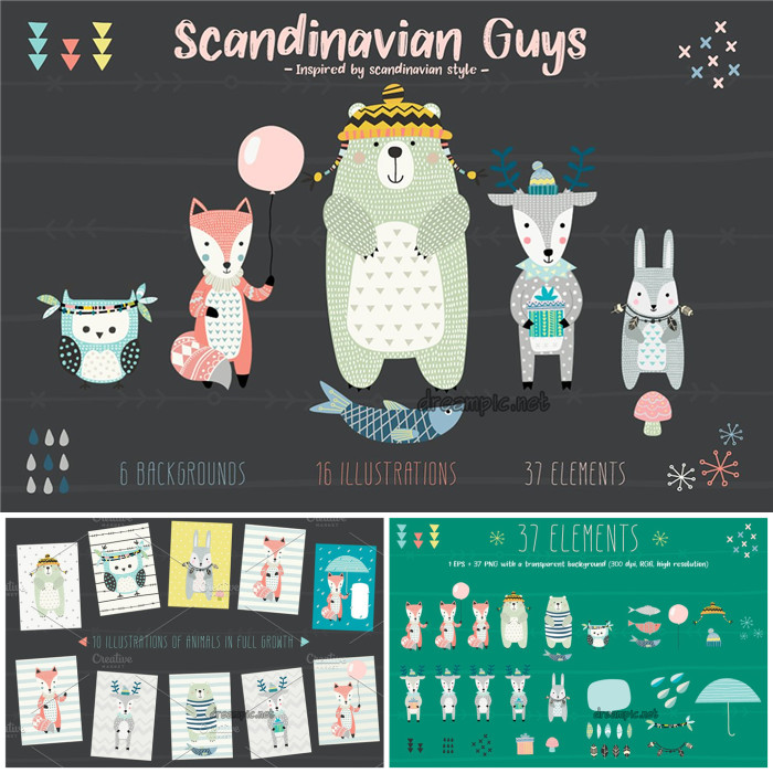 [766]AI矢量设计素材 卡通可爱动物卡片印花小鱼熊狐狸兔子含png