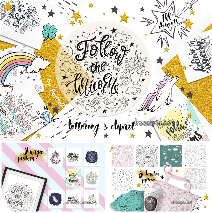 A0041矢量AI设计素材 手绘独角兽印花英文短语logo背景插画+png